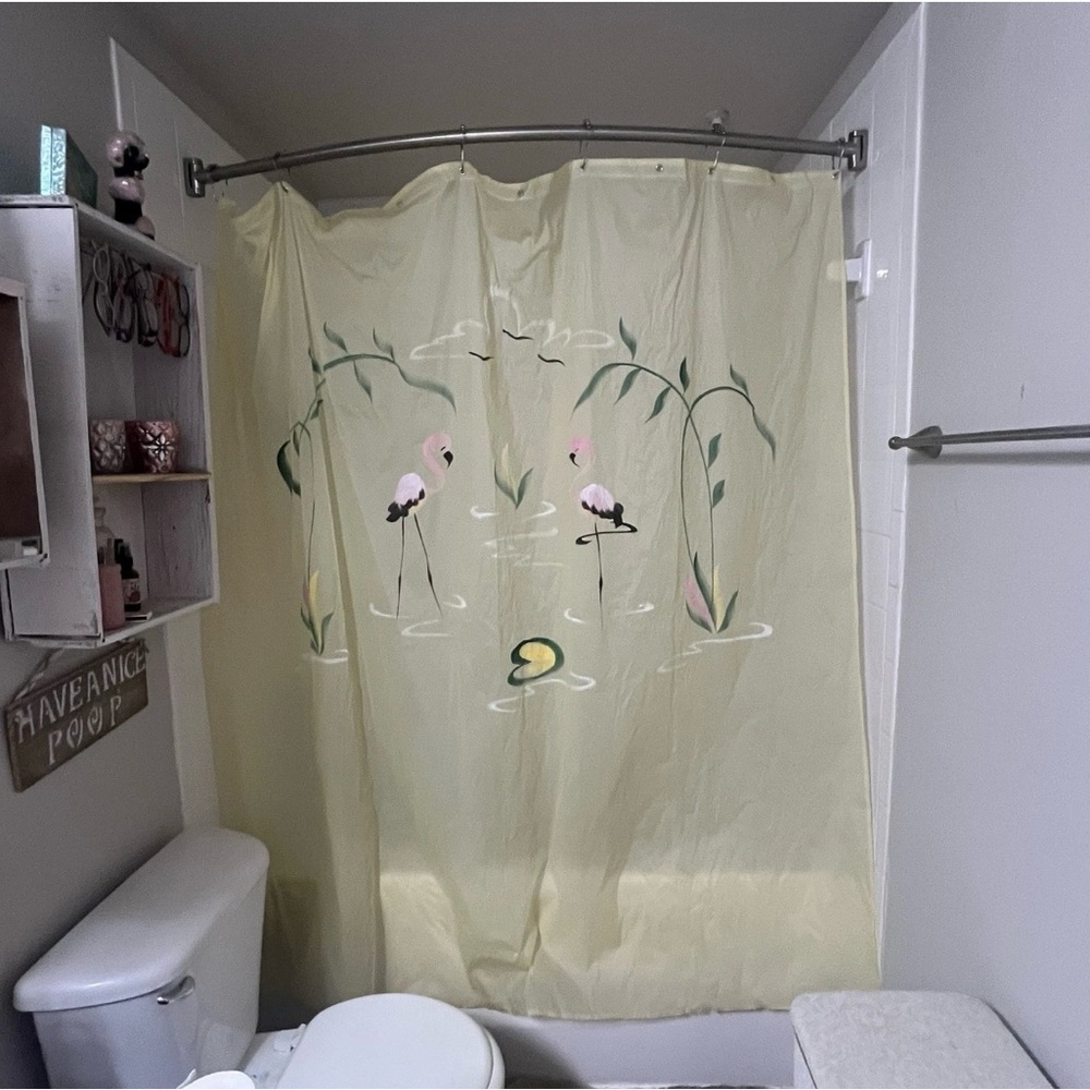 Vtg Yellow Vinyl 1950s Bathroom Shower Window Curtain Set Pink Flamingos 70in